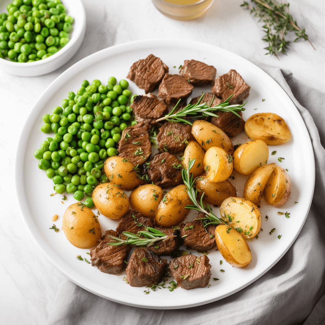 Rosemary Garlic Beef Tips with Lemon Butter Peas & Potatoes