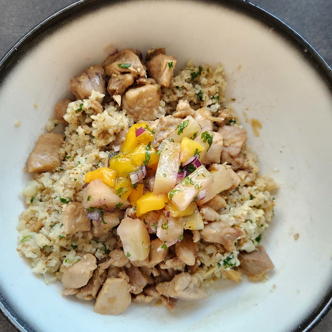 Lemon Ginger Chicken with Coconut Cauli Rice & Pineapple Mango Salsa