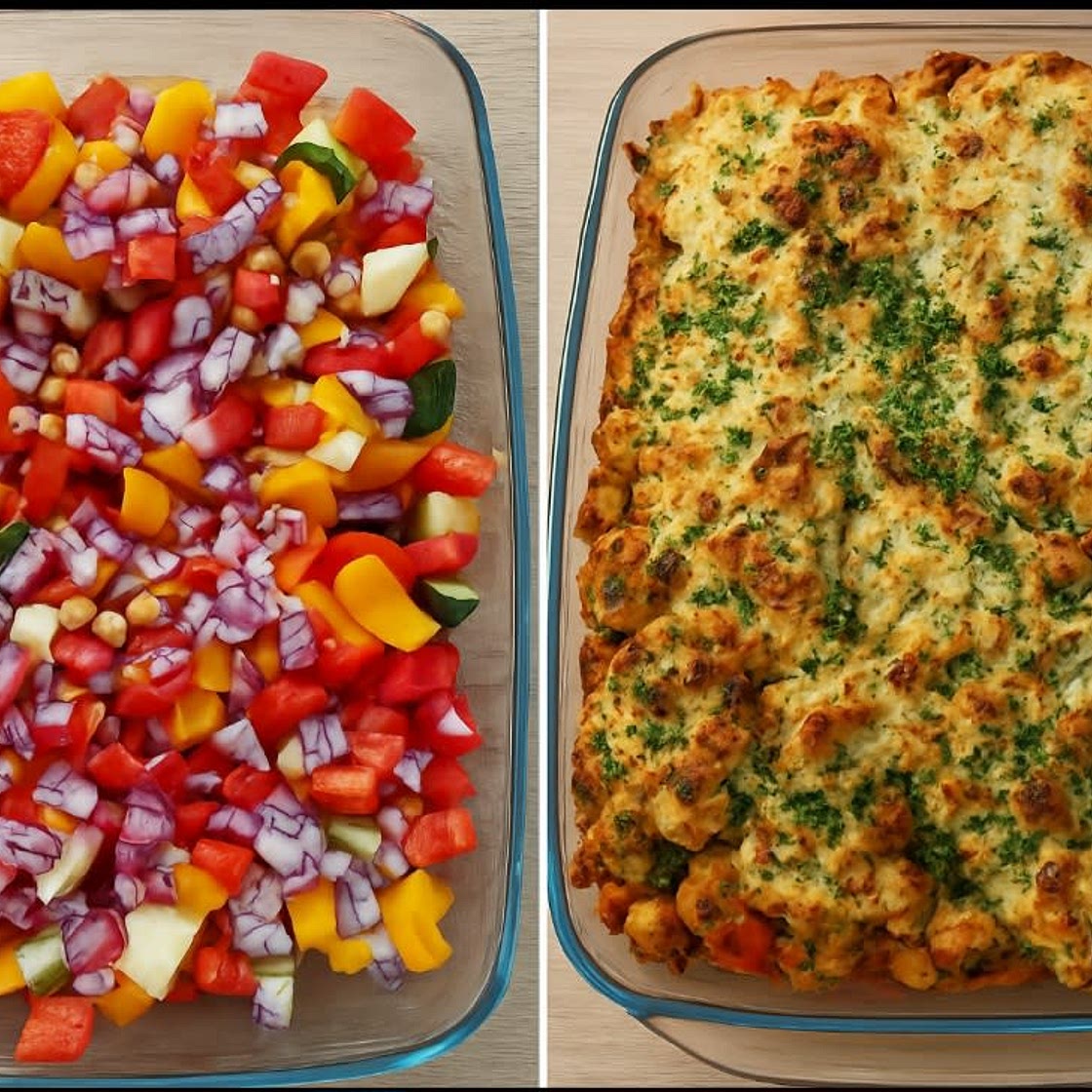 Überbackenes Ofengemüse mit Hähnchen, Kichererbsen und Hüttenkäse - Feta Creme