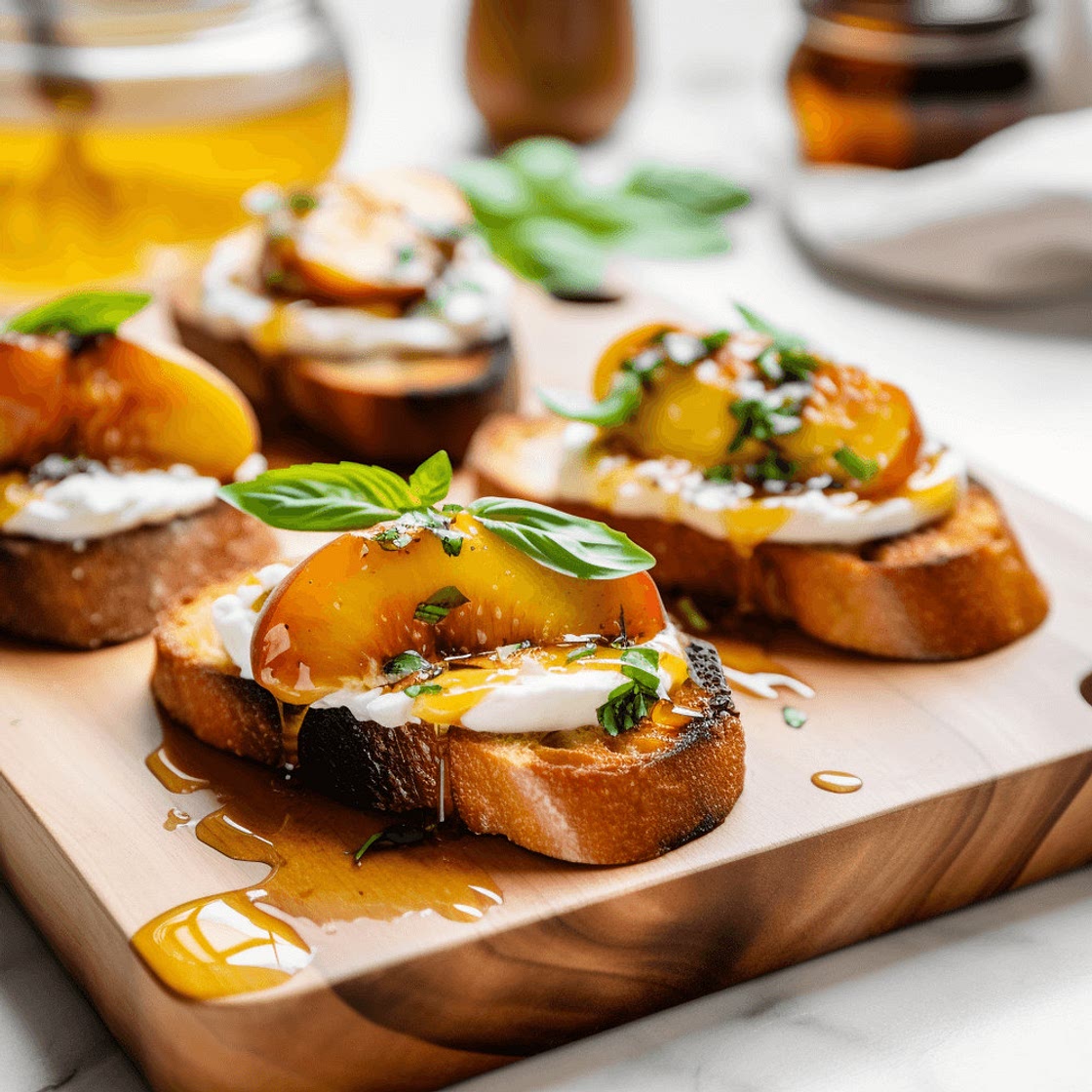 Grilled Peach & Burrata Crostini with Hot Honey