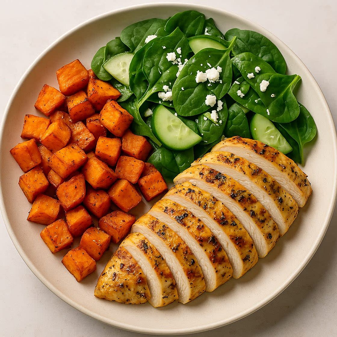 Lemon Herb Chicken with Roasted Sweet Potatoes & Spinach Salad