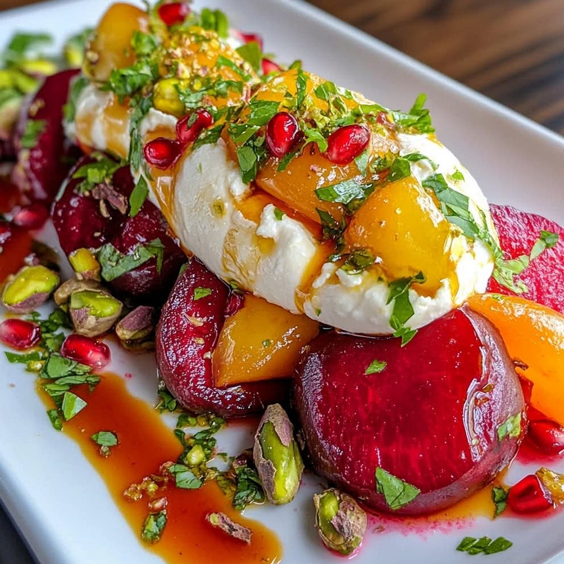 BURRATA & ROASTED BEET SALAD WITH POMEGRANATE GLAZE & PISTACHIOS