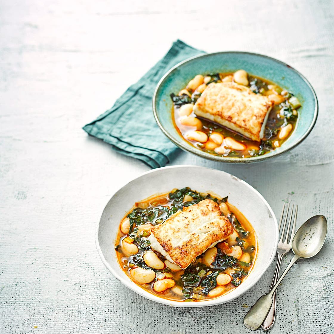Pan-fried cod with giant beans and chard