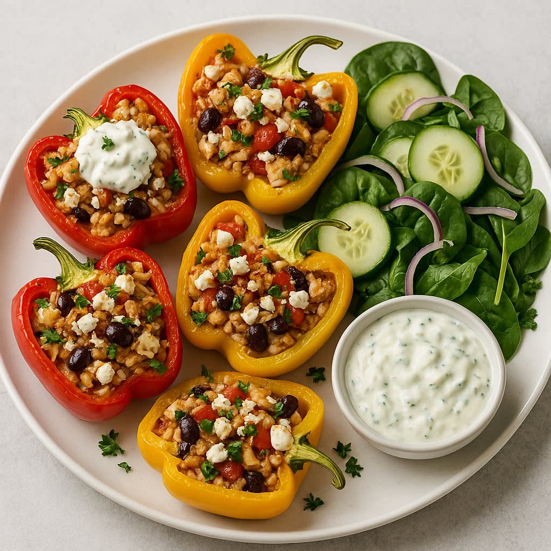 Mediterranean Stuffed Peppers with Spinach Salad & Tzatziki 
