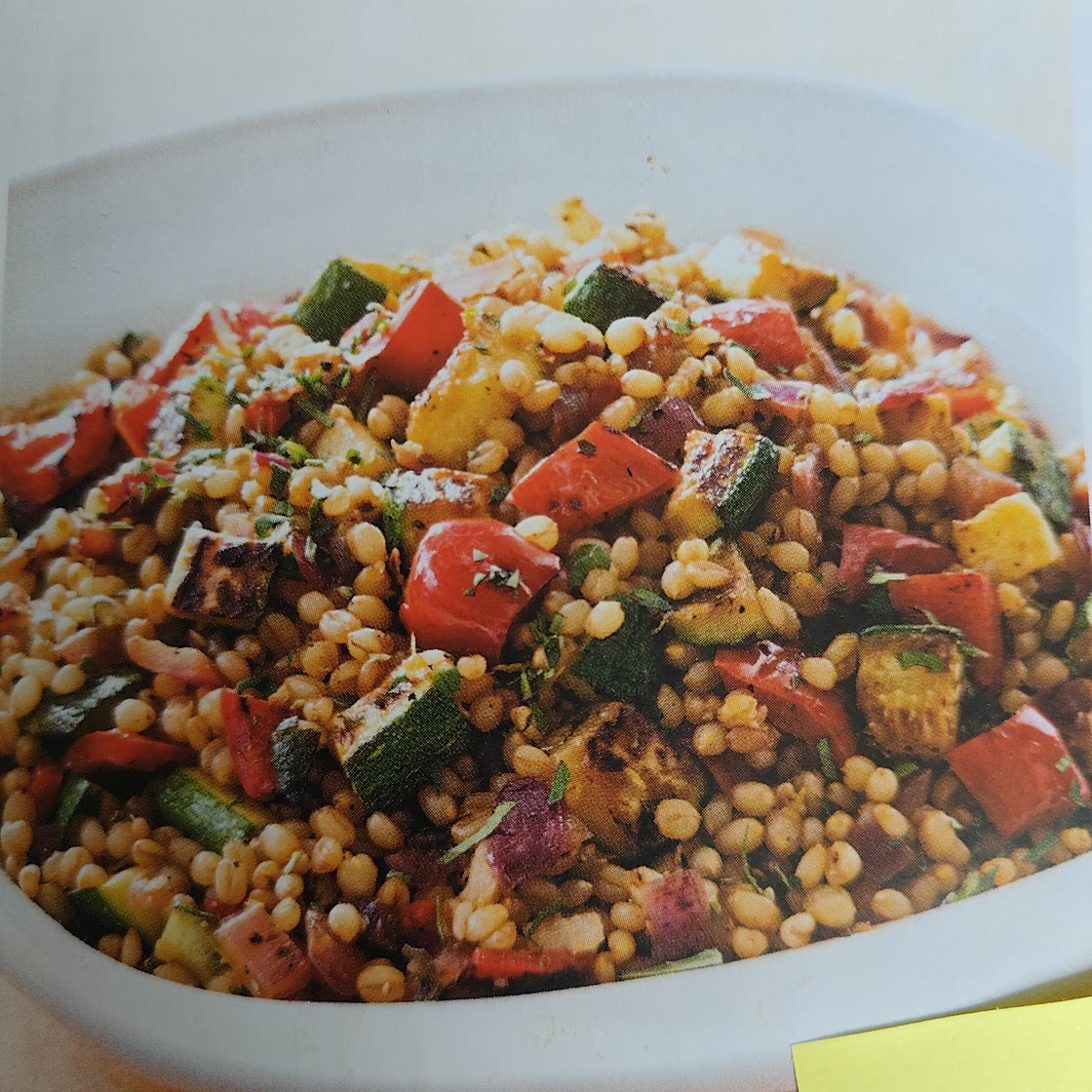 p141 Warm Wheat Berries with Zucchini, Red Bell Pepper, and Oregano