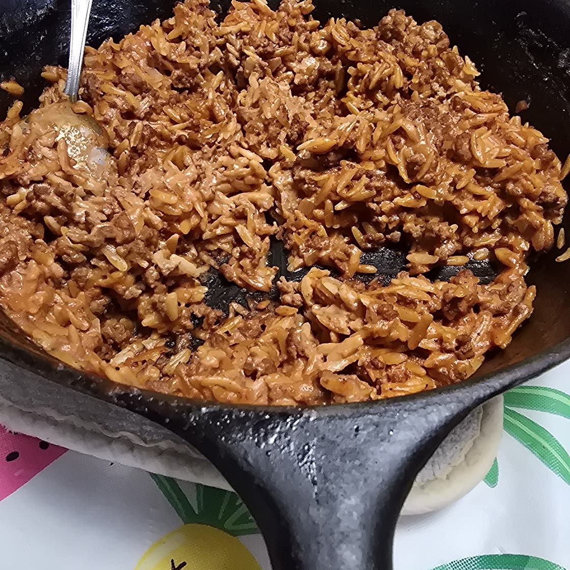Ground Beef Orzo with Tomato Cream Sauce