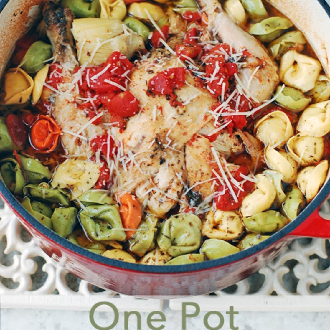 One Pot Roast Chicken and Tortellini – Made in ALDI New Cast Iron Dutch Oven
