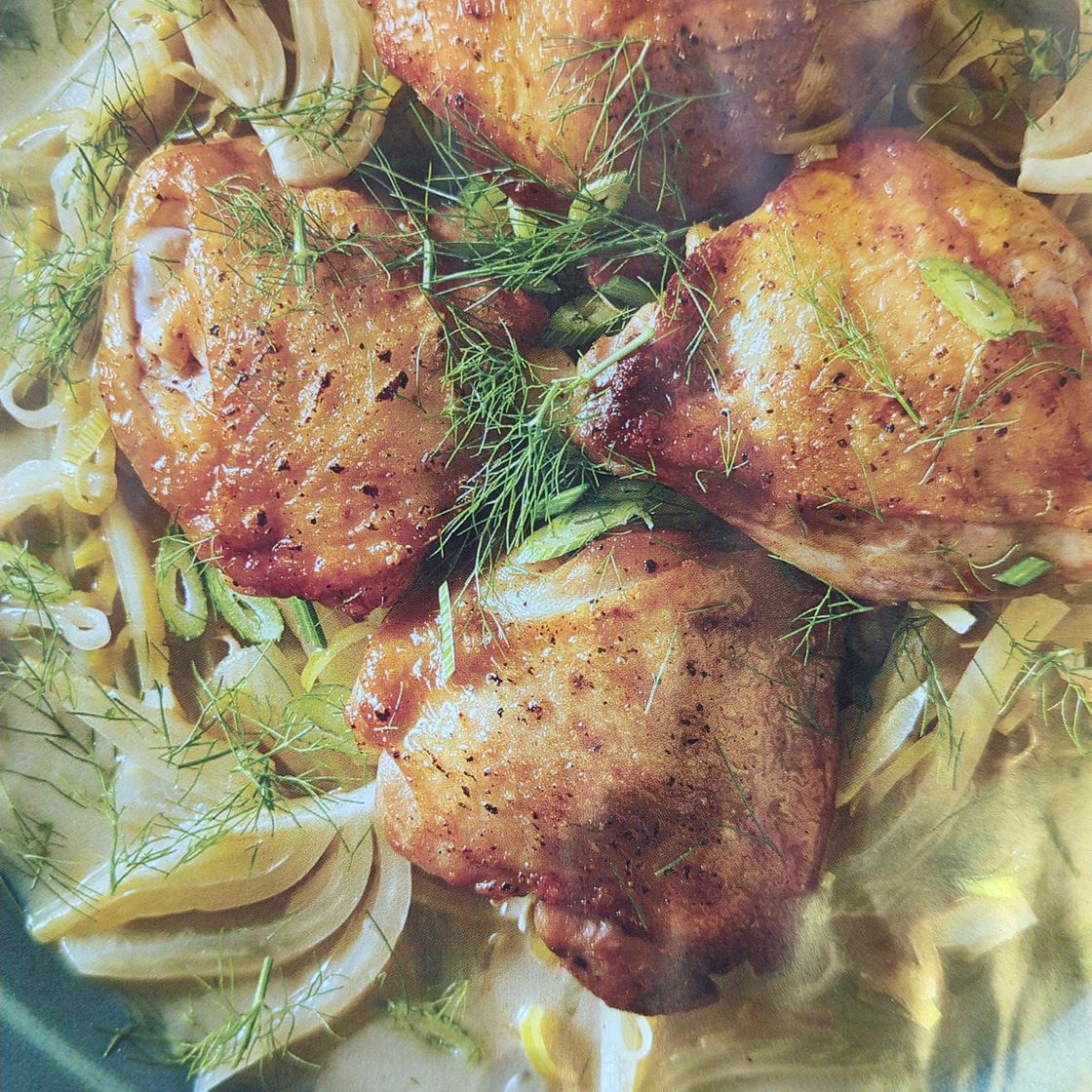 Crispy Chicken Thighs with Melted Fennel and Leeks