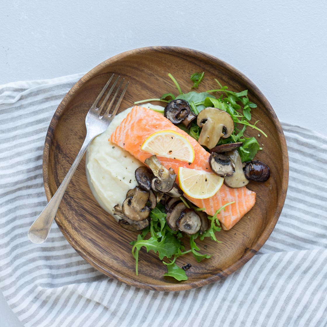 Slow Roasted Salmon with Cauliflower Mash, Mushrooms + Arugula