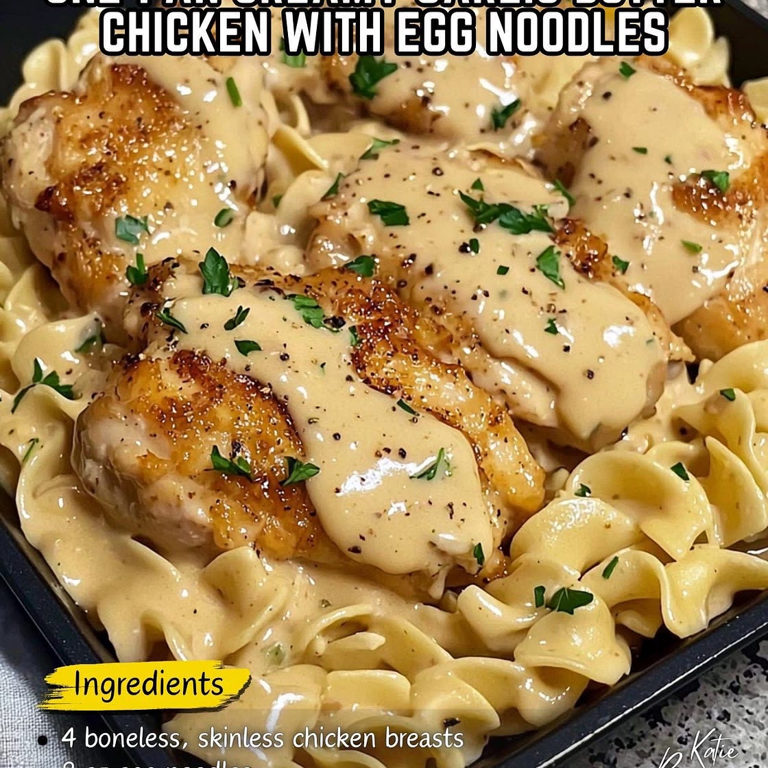 One Pan Creamy Garlic Butter Chicken with Egg Noodles
