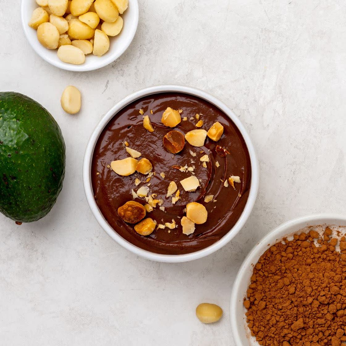 Cacao avocado mousse with maple macadamia topping