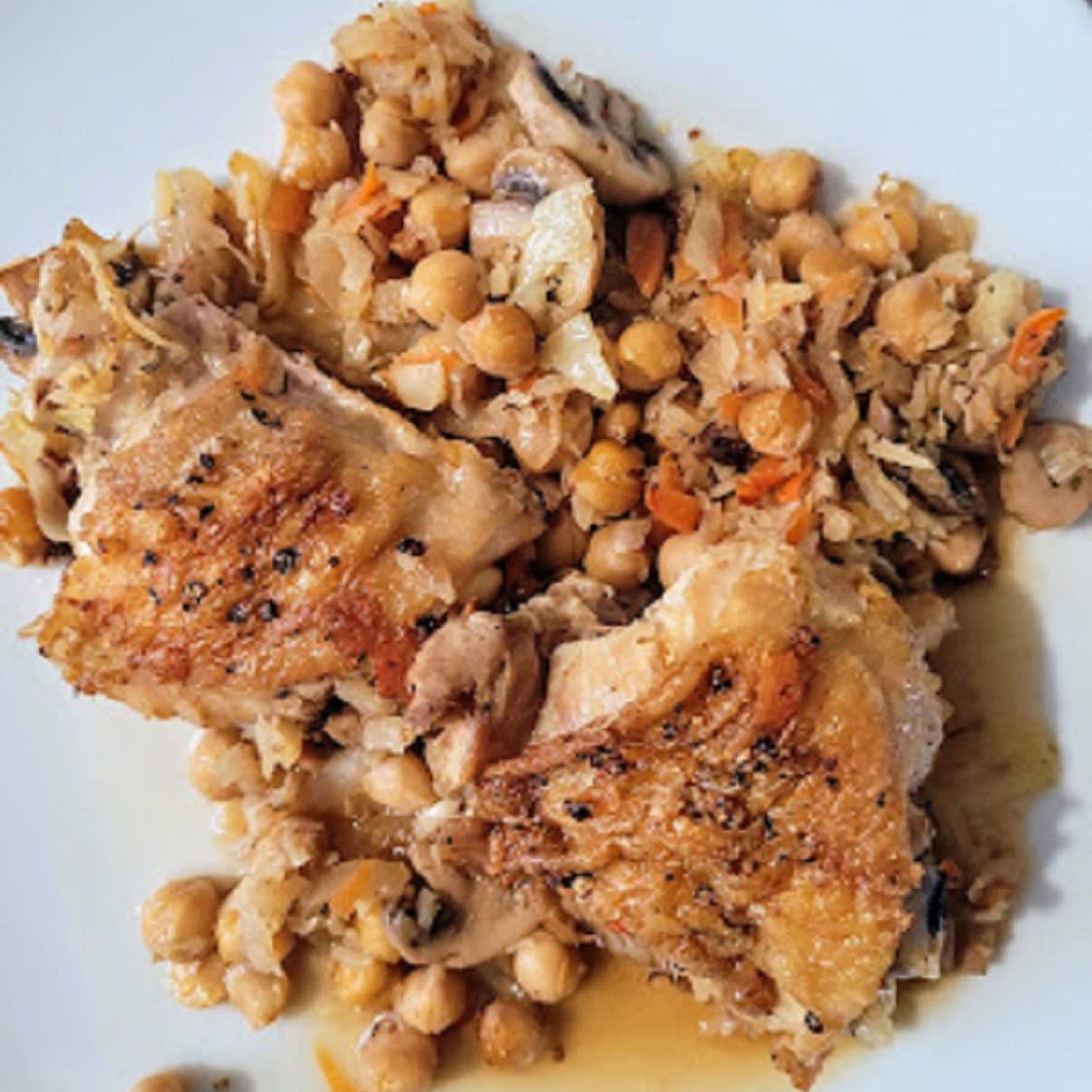 One Pan Chicken, Chickpeas and Cabbage