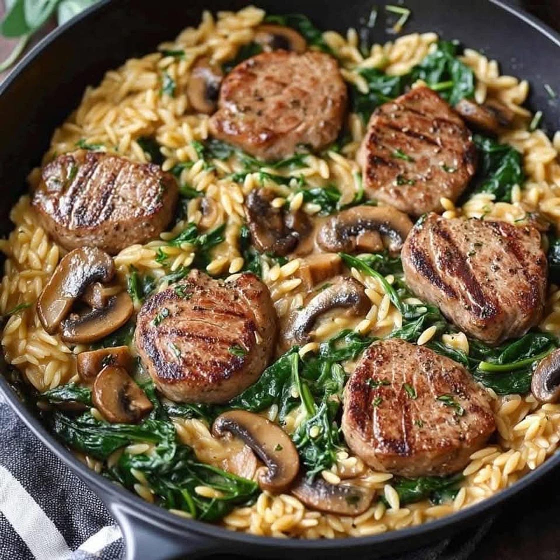 Creamy Pork Tenderloin Medallions with Orzo, Spinach, and Mushrooms