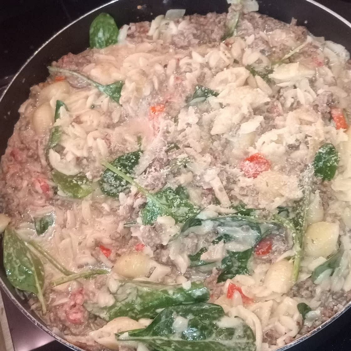 Ground Beef Orzo with Tomato Cream Sauce