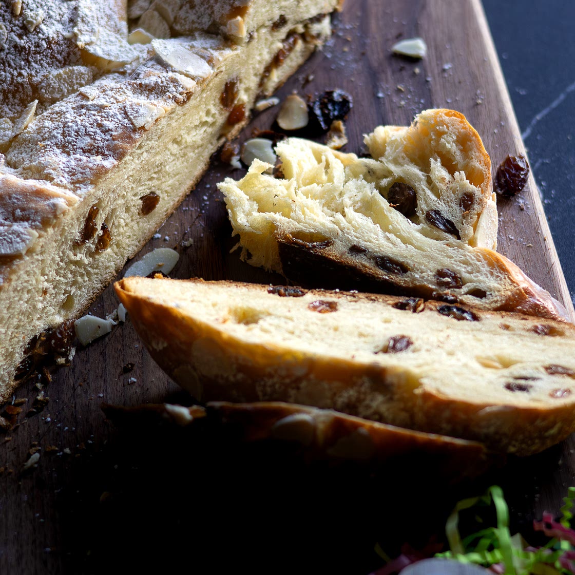 Yeast Braid with Raisins, Rum, and sliced Almonds (Hefezopf mit Rosinen, Rum, Mandeln)