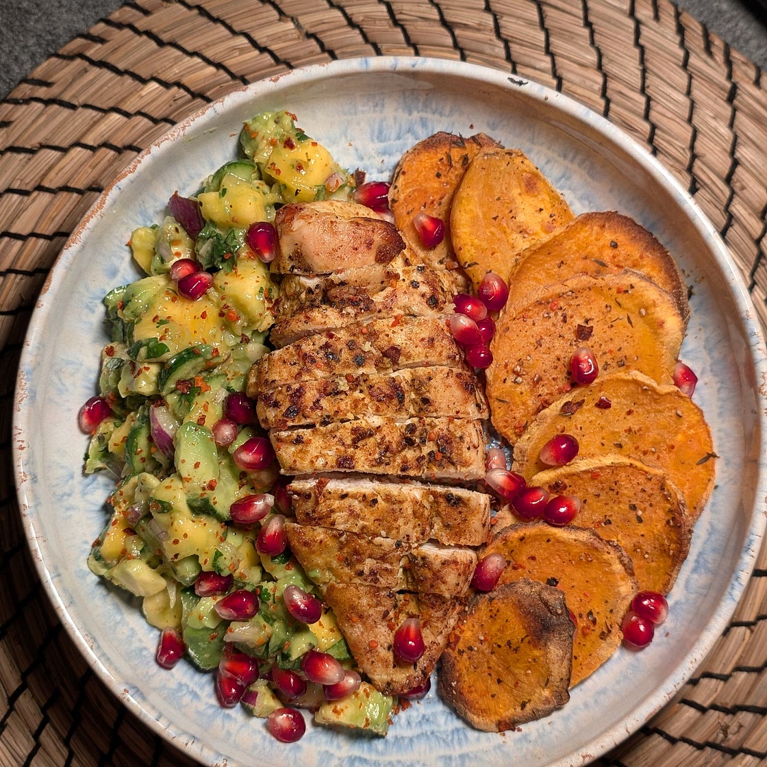 Chicken Breast with Baked Sweet Potatoes and Mango Avo Salsa