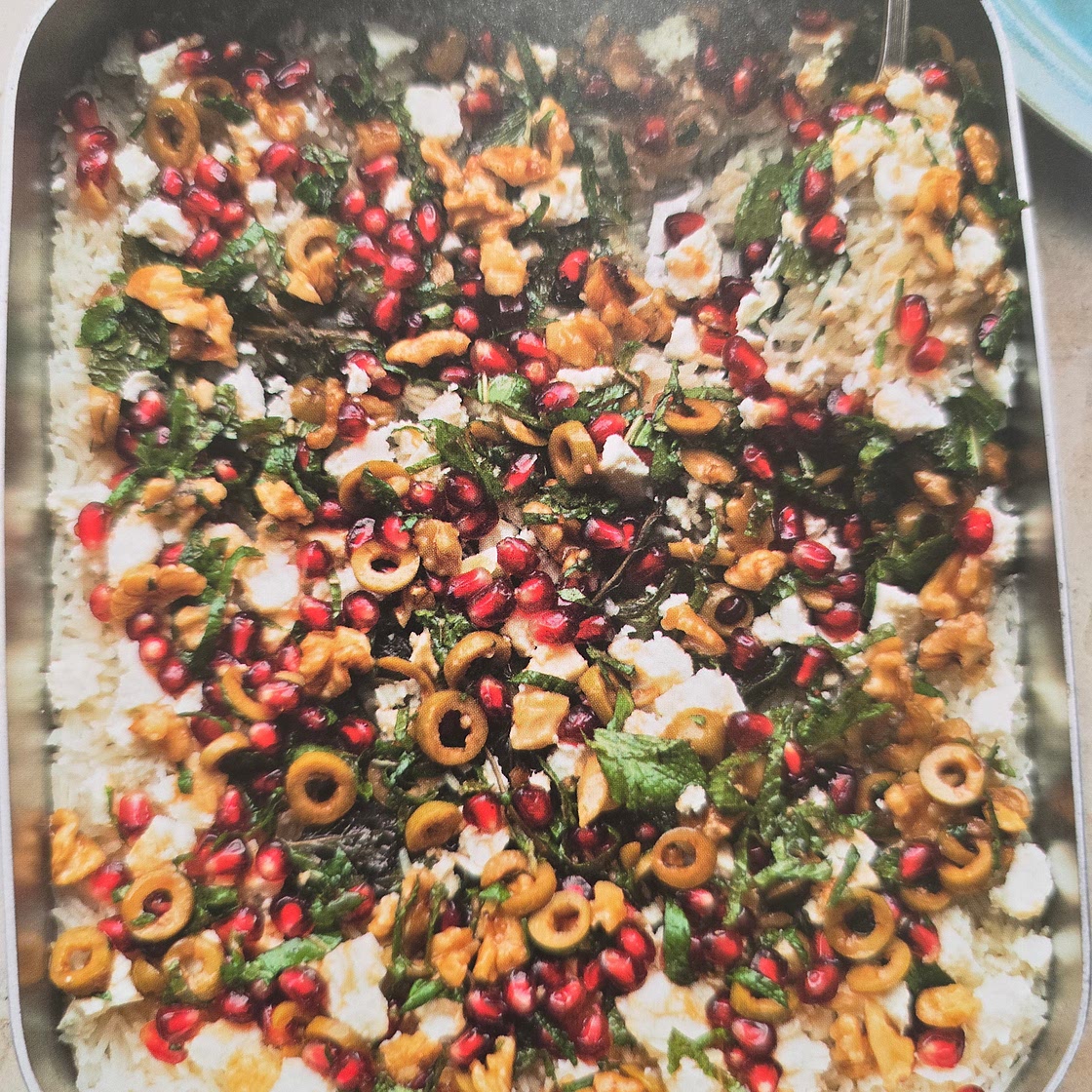 Baked mint rice with pomegranate and olive salsa