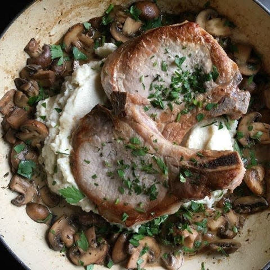Pork Chops with Mushrooms and Cauliflower Mash