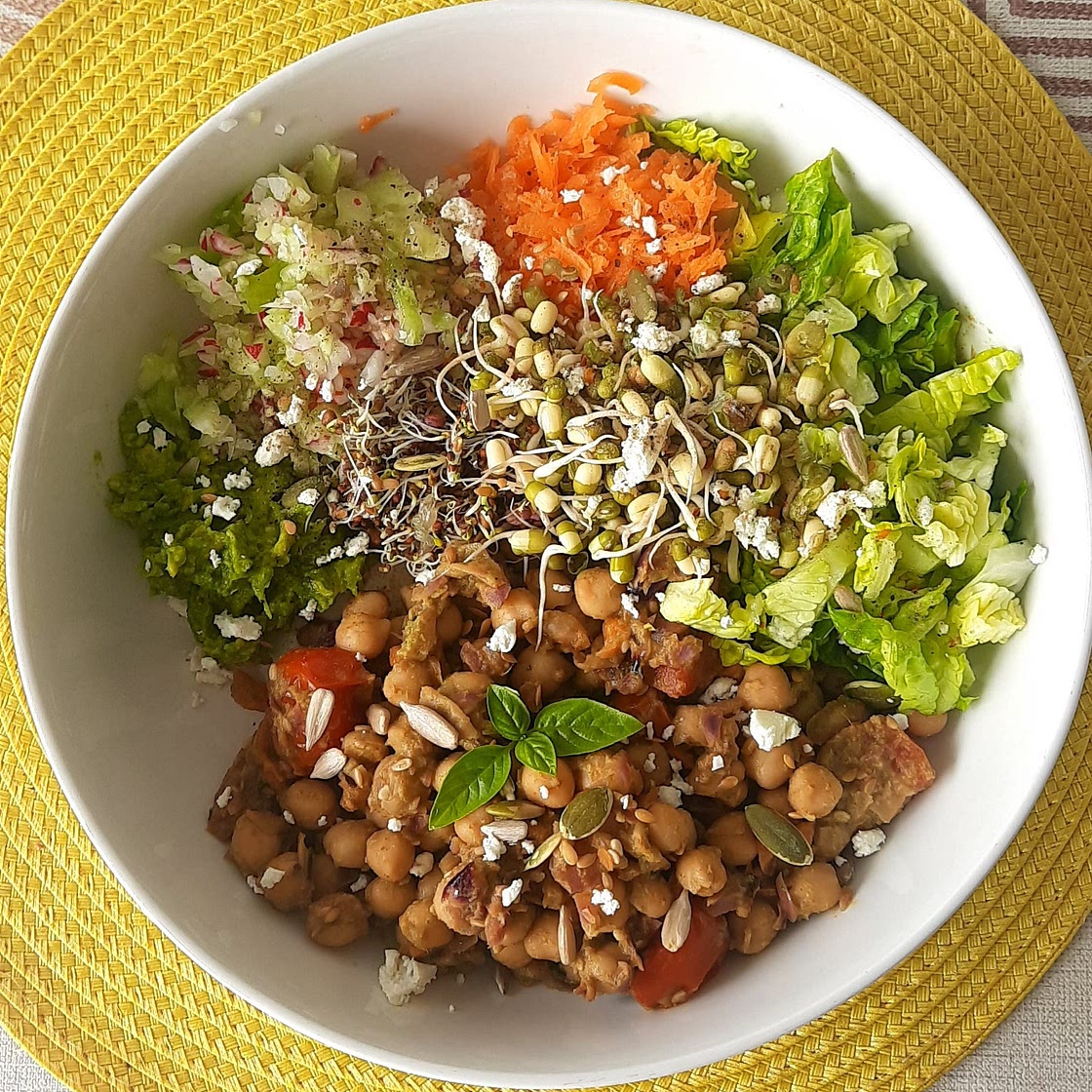 High Protein Low Carb Indian Style Chickpea Salad with Coriander Chutney Dressing