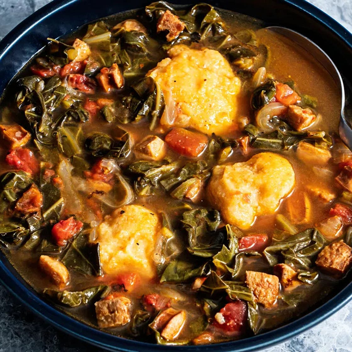Collard Greens soup with cornmeal dumplings