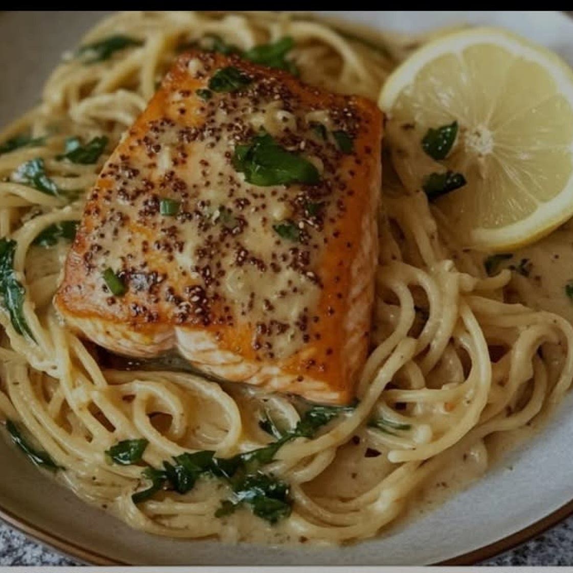 Lemon Tahini Salmon with Baby Greens Pasta