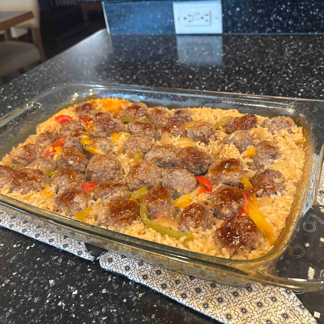 Honey Garlic Meatball Rice Bake