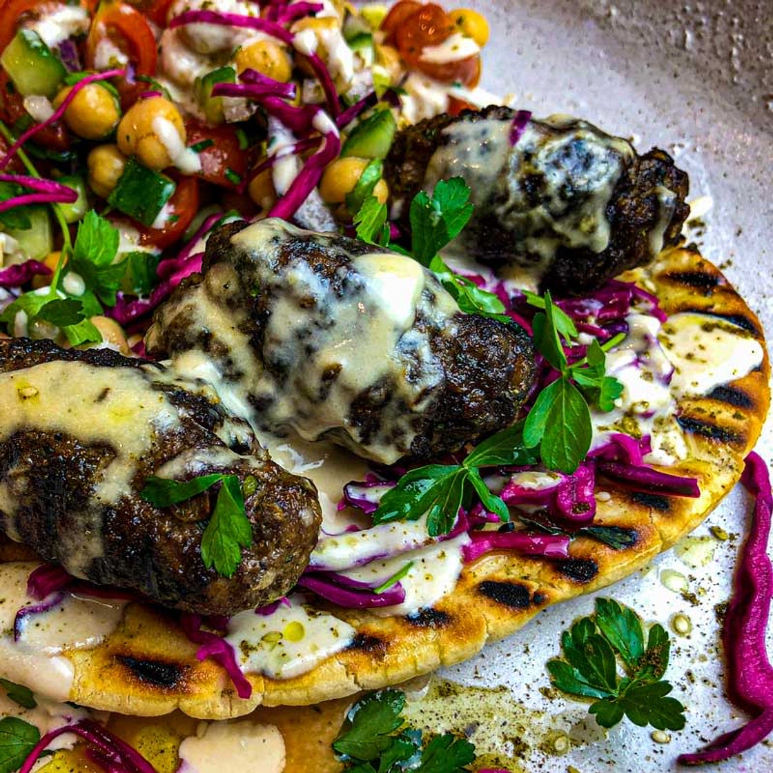 Baharat Spiced Lamb Kofta with Pickled Red Cabbage, Cabbage-Tahini Slaw & Tahini Sauce
