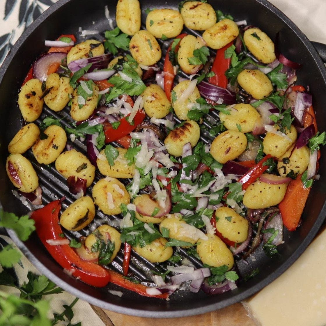 Crispy Pan Fried Gnocchi with a Sweet Bell and Onion Salad