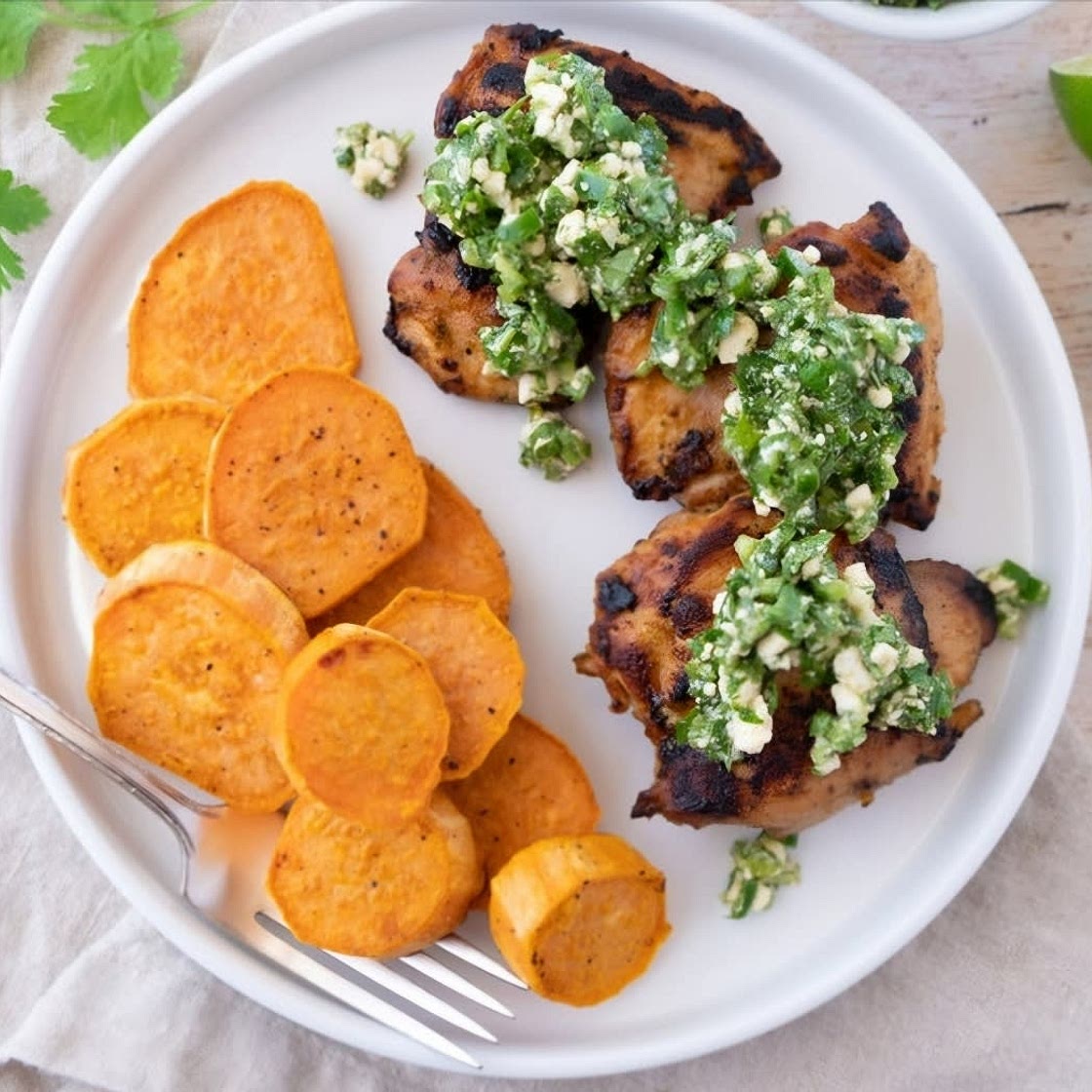 Kickin Peruvian Chicken with Roasted Sweet Potatoes & Cilantro-Feta Salsa