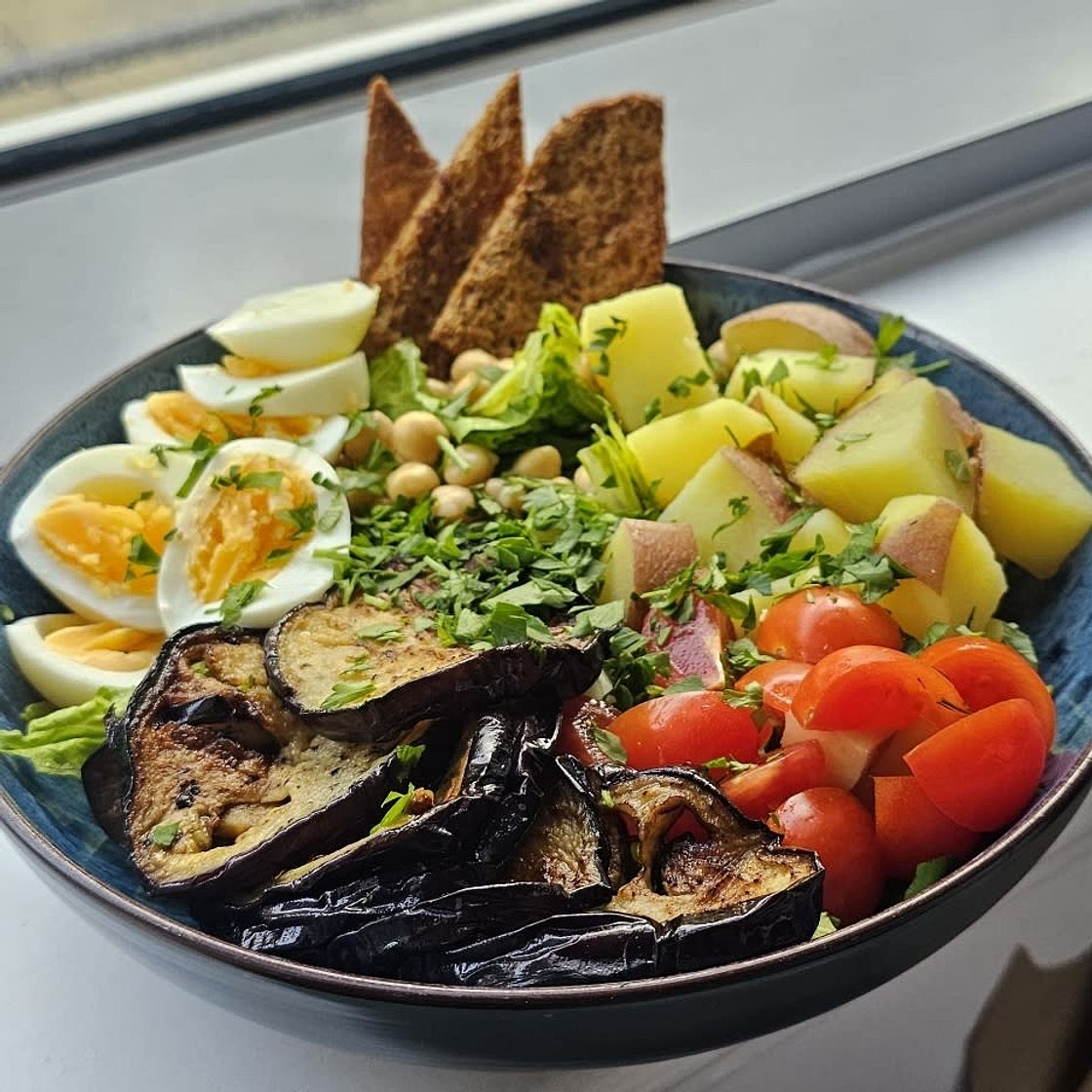 Sabich Fattoush Salad with Tahini-Amba Dressing