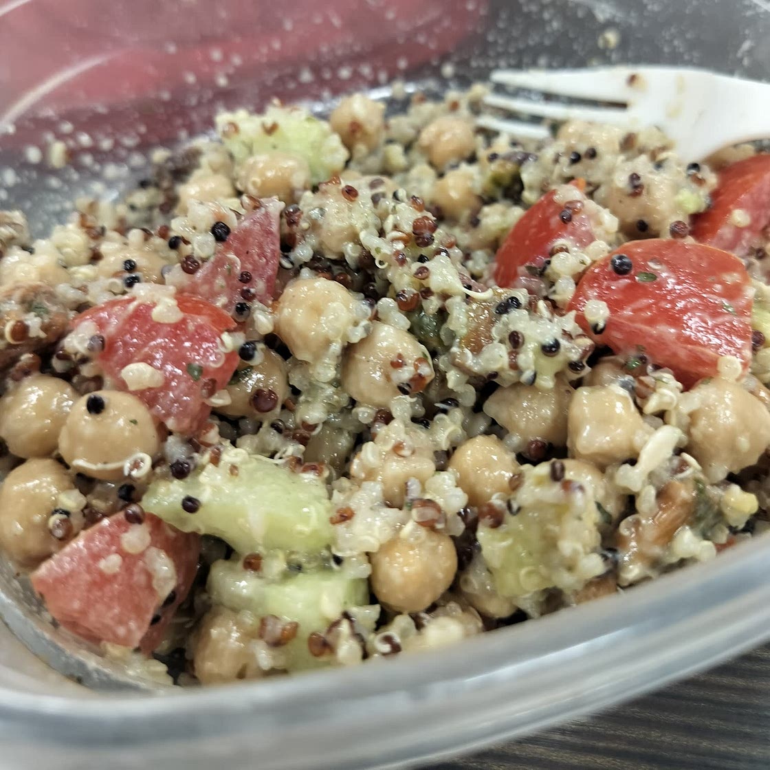 15 min Chickpea Quinoa Salad with cumin tahini dressing