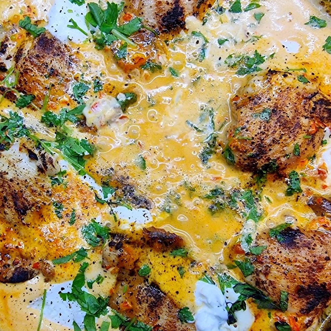 Chicken and Goats Cheese in a Creamy Red Pepper Sauce