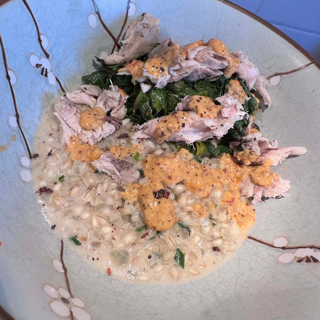Spicy Creamy Barley Bowl with Smoked Mackerel