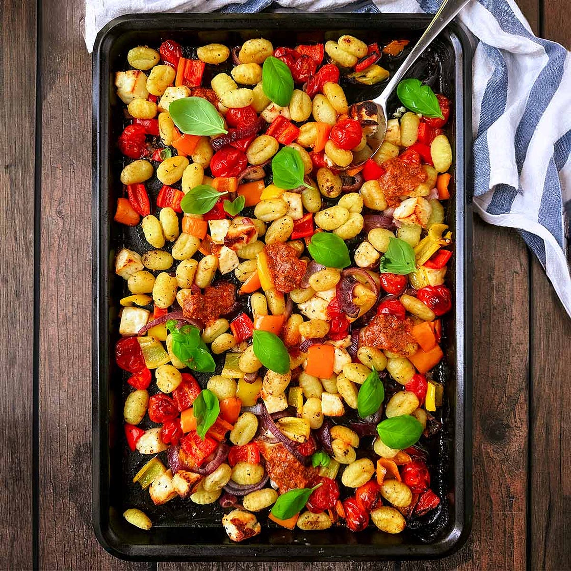 Halloumi Tray Bake with Gnocchi and Vegetables