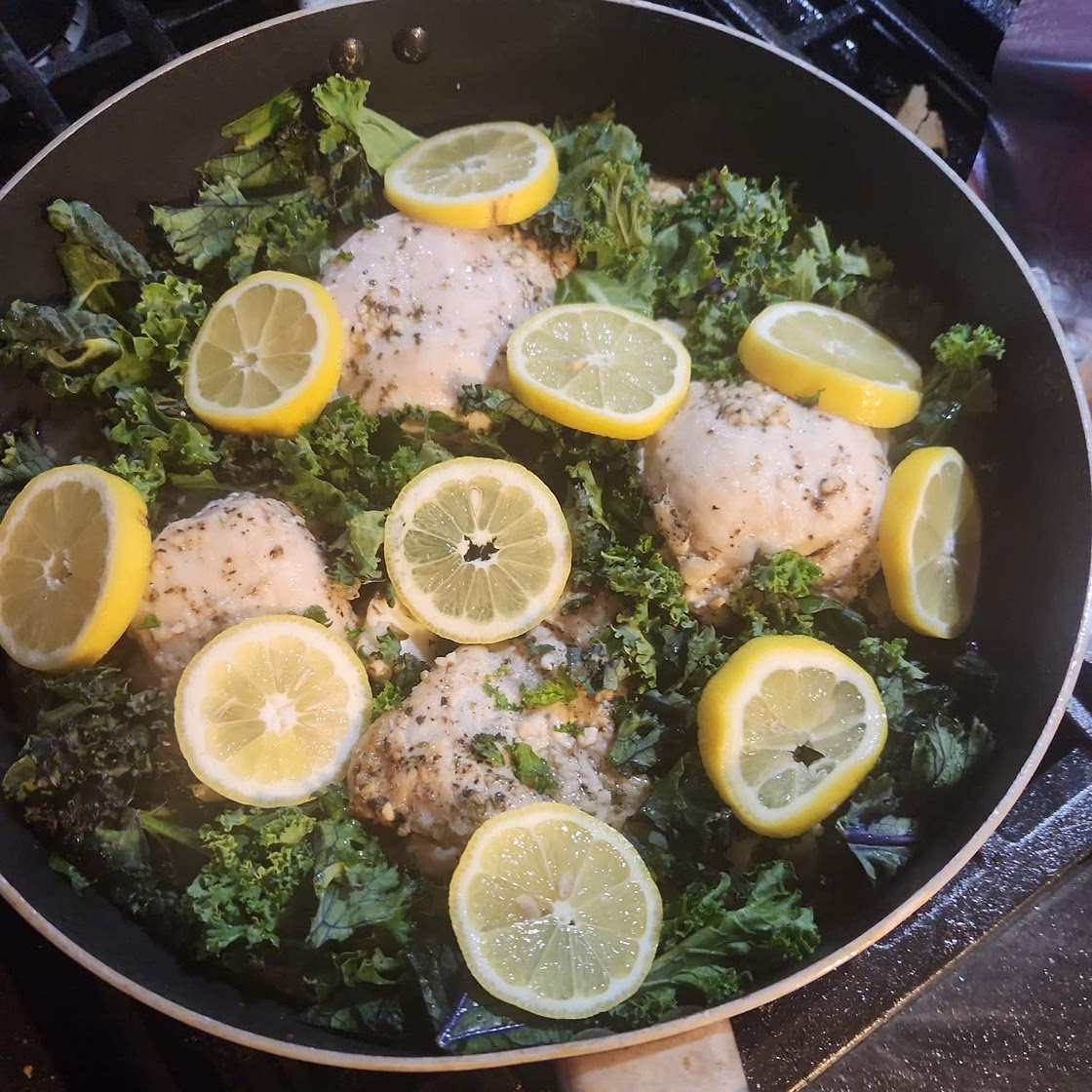 Lemon Chicken Thighs with Kale & Cauliflower