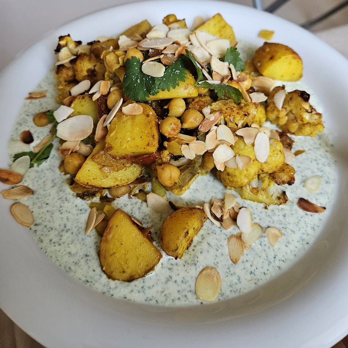 Curry Baked Veggies with Raita Sauce