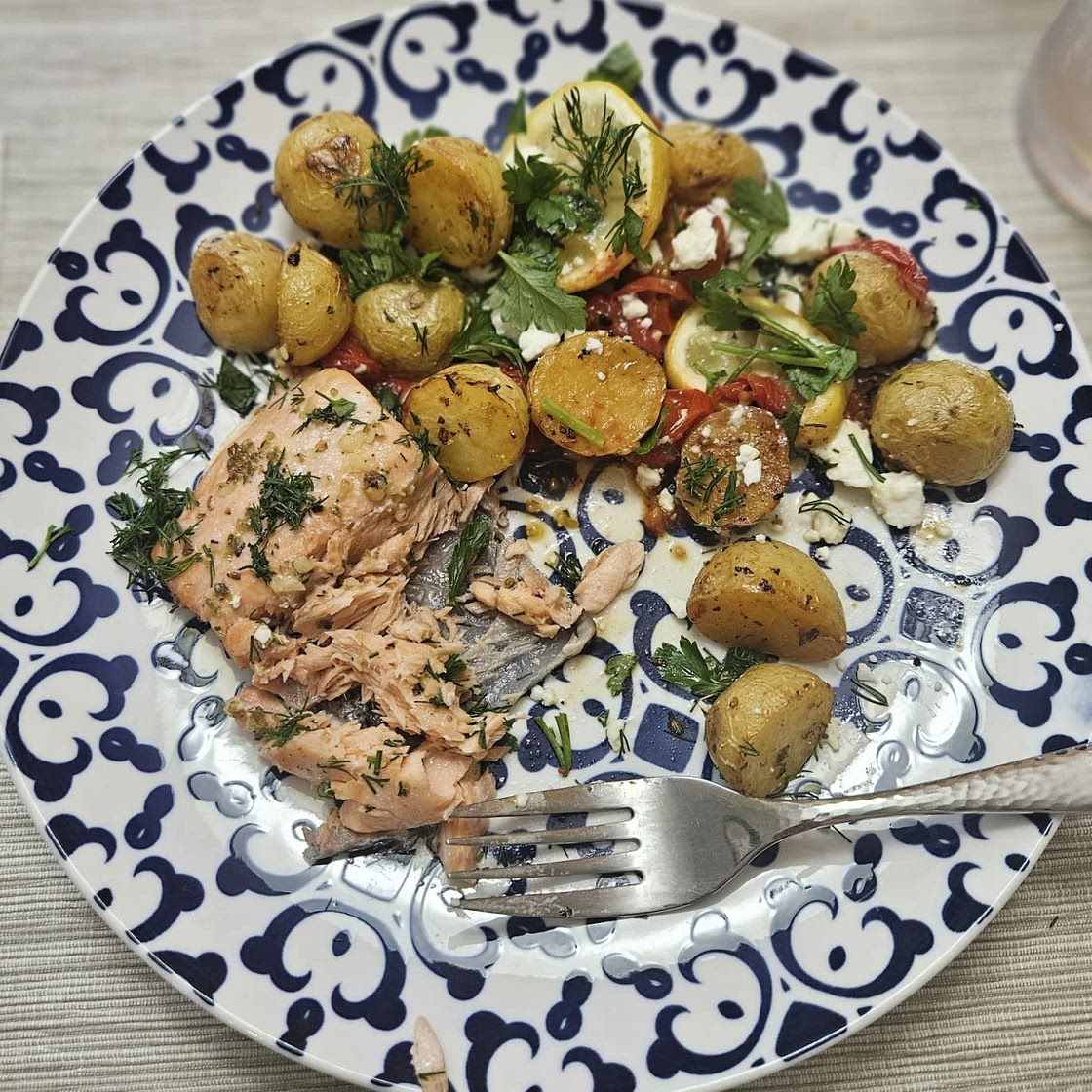 Greek Lemon Garlic Sheet Pan Salmon with Potatoes