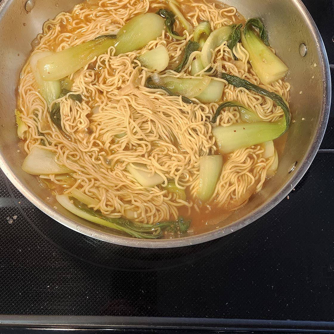 Baby bok choi kimchi noodles