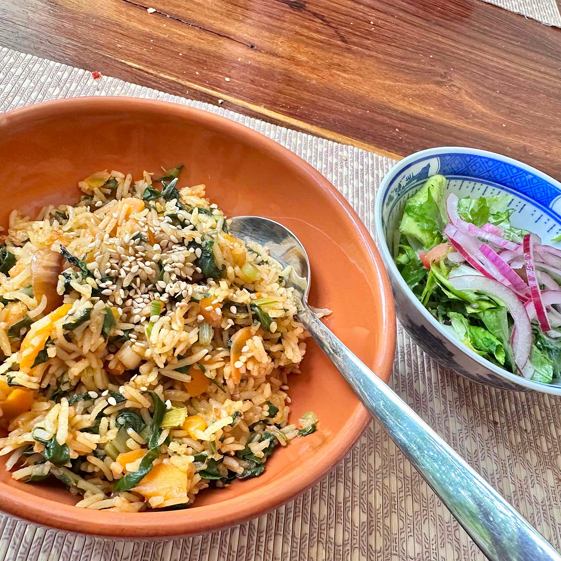 Korean Umami Rice Bowl with Swiss Chard, Fermented Soy-Onions & 