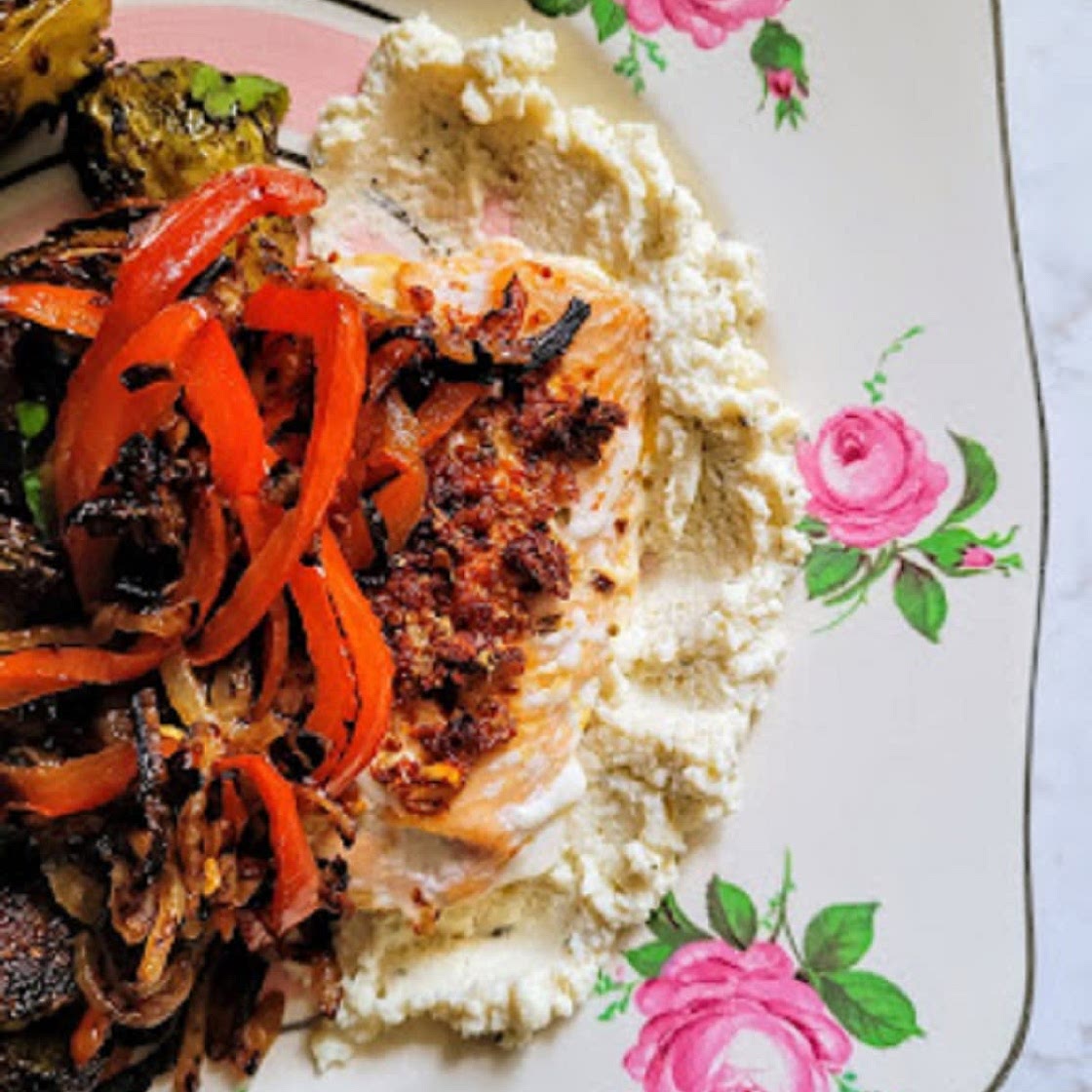 Salmon with Caramelized Onion and Pepper on Whipped Ricotta