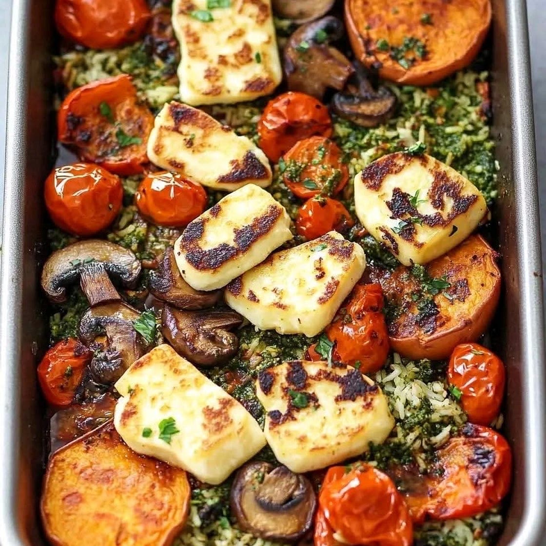 Halloumi Tray Bake with Pesto Rice and Roasted Vegetables