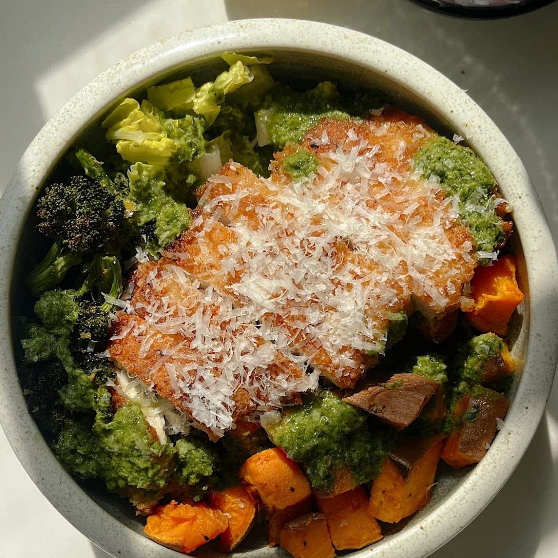 crispy chicken pesto parm bowl