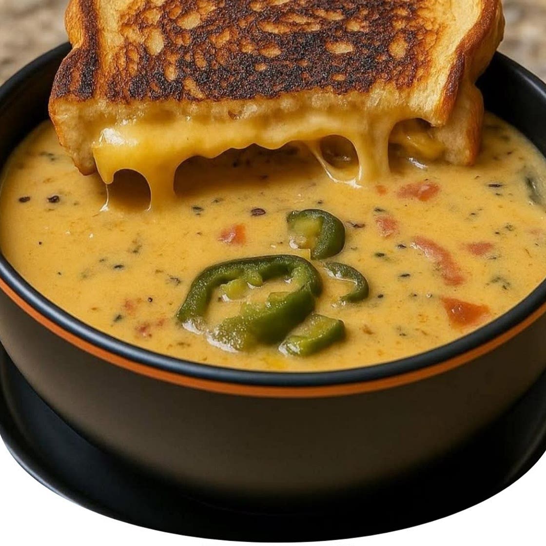Spicy Jalapeño Popper Soup with Grilled Cheese Dippers