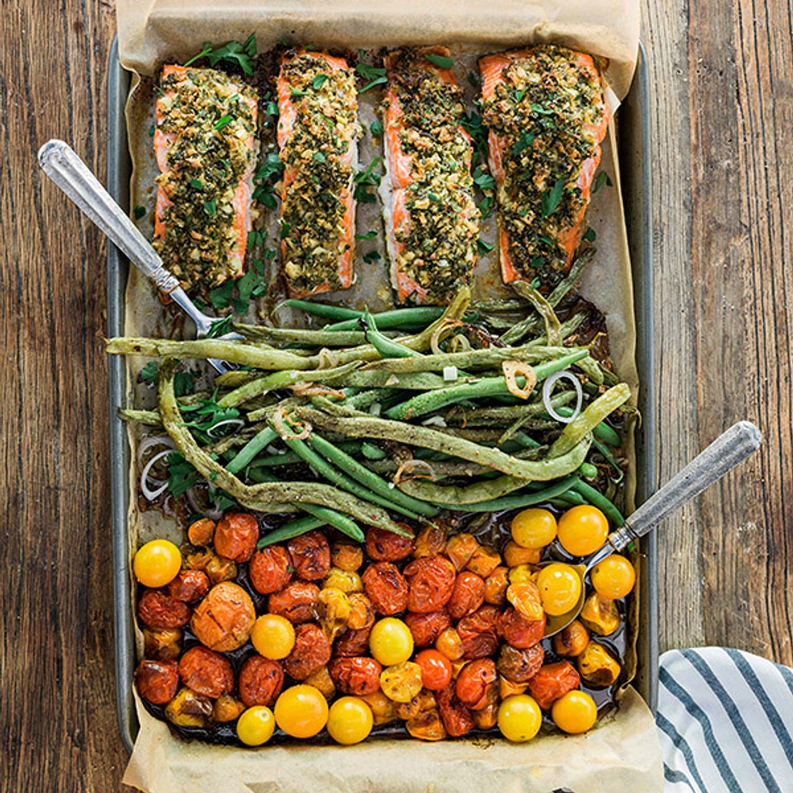 One Sheet Pan Herb Crusted Salmon with Garlicky Green Beans & Heirloom Cherry Tomatoes