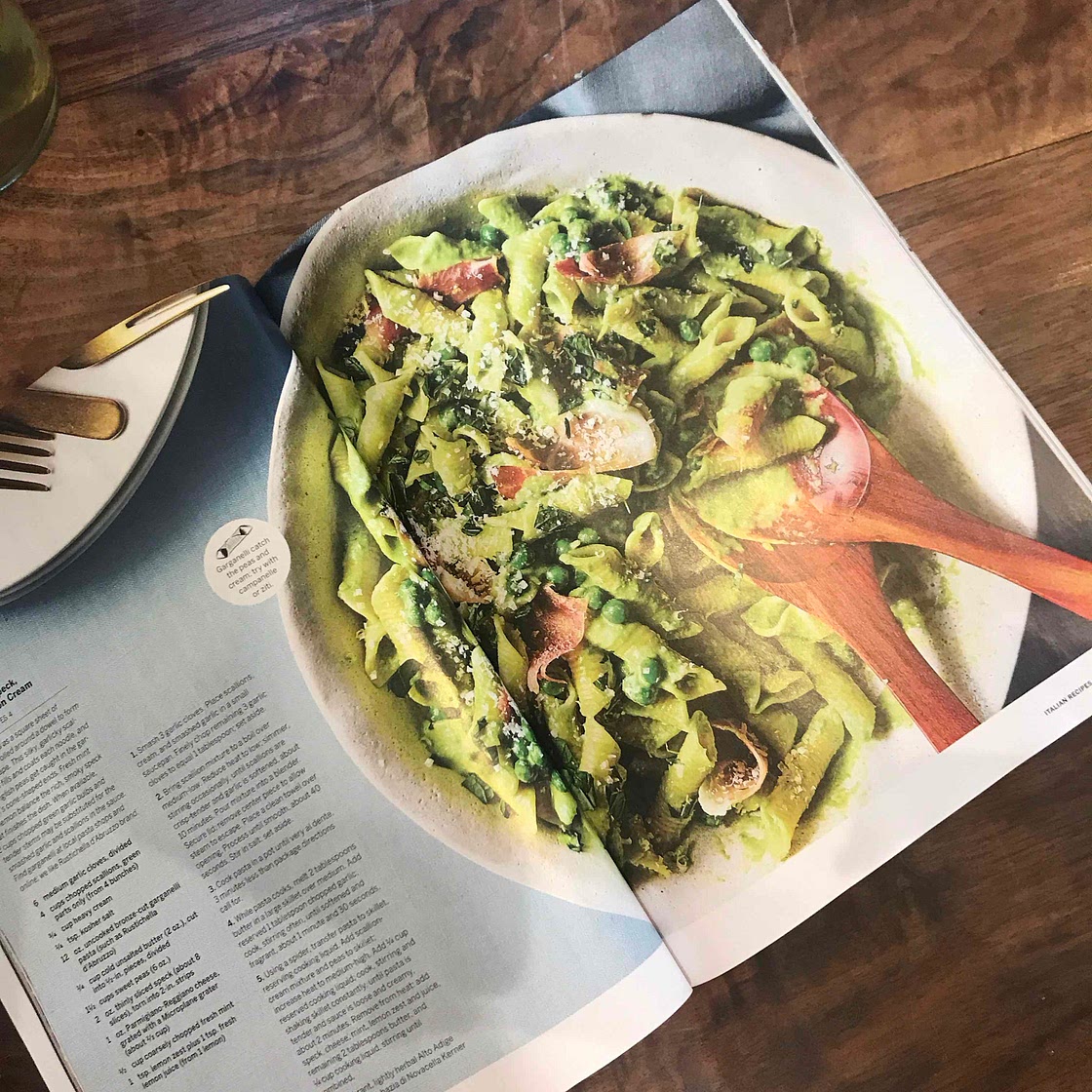 Garganelli with speck, peas, and scallion cream