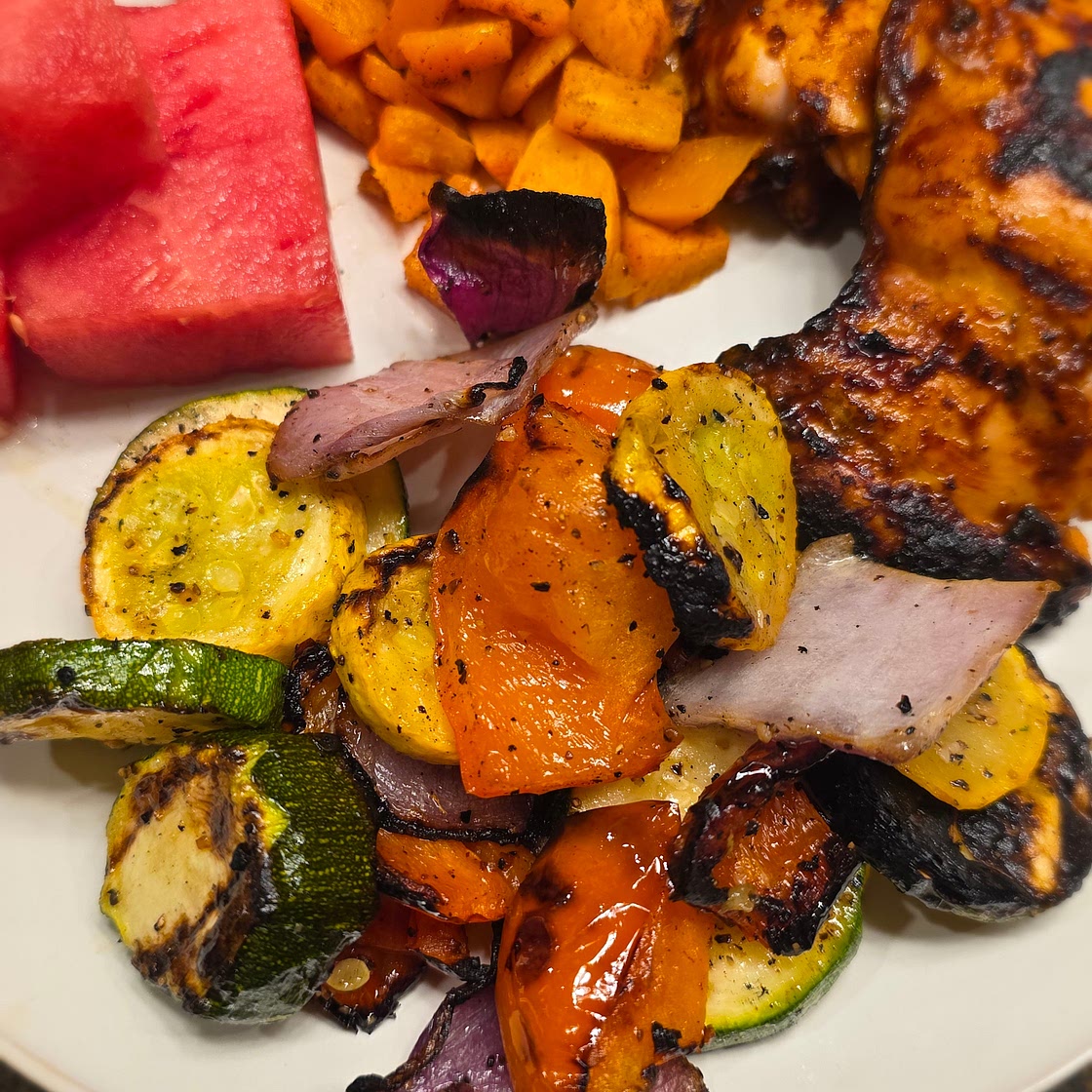 BBQ Chicken Thighs and Charred Summer Vegetables