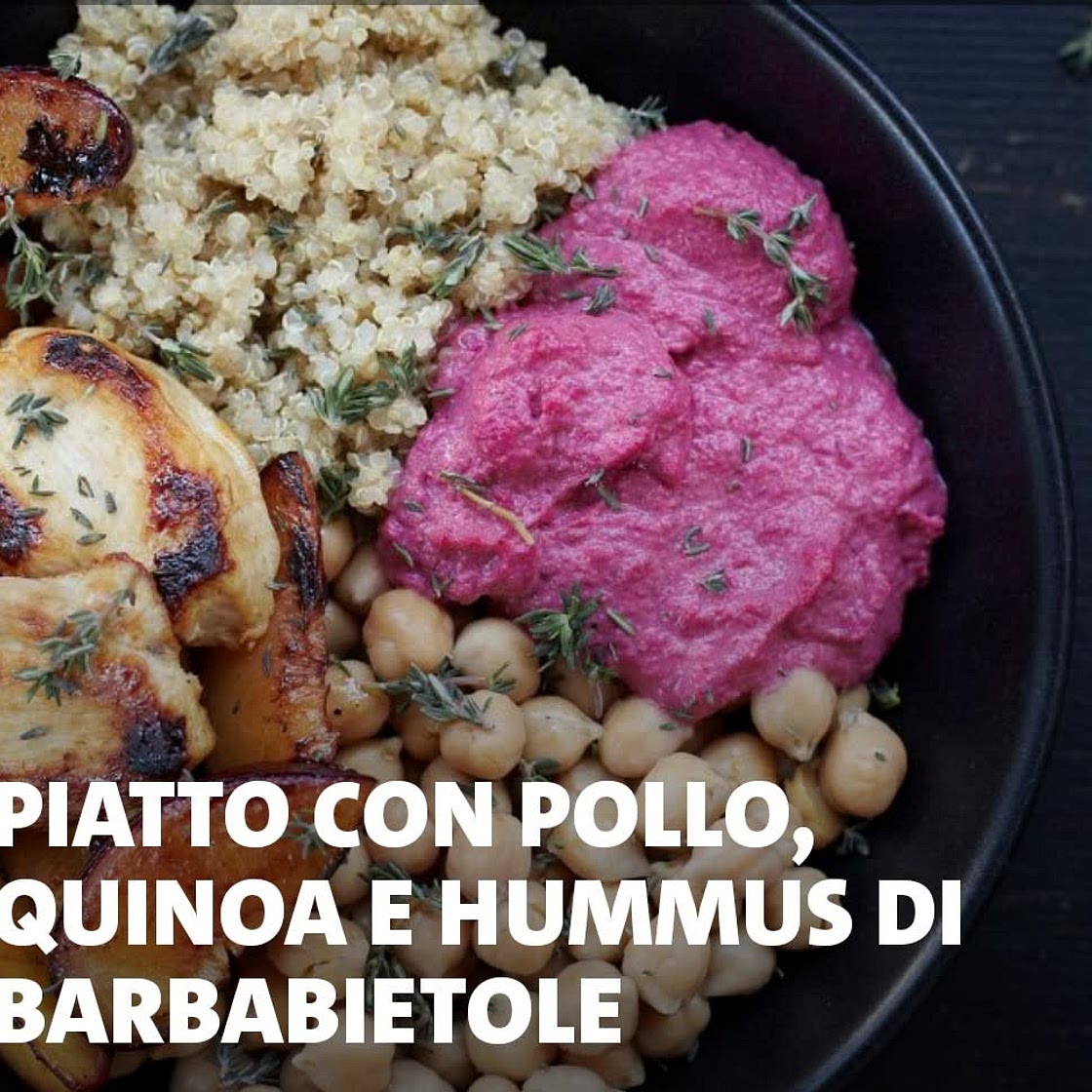 Piatto con pollo, quinoa e hummus di barbabietole