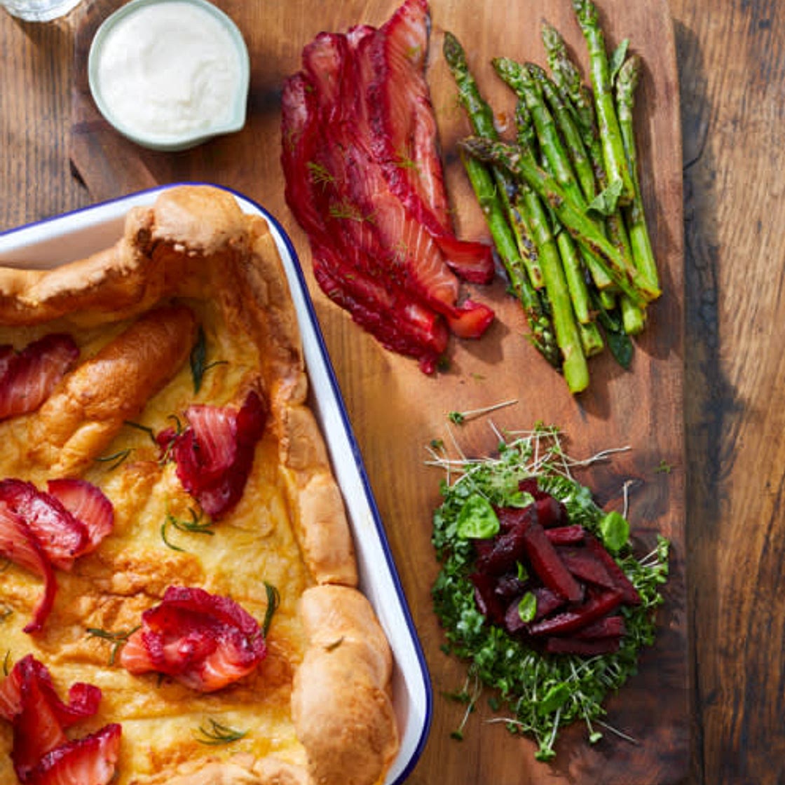 Jamie Oliver's Mega Yorkie with salmon, beets & asparagus