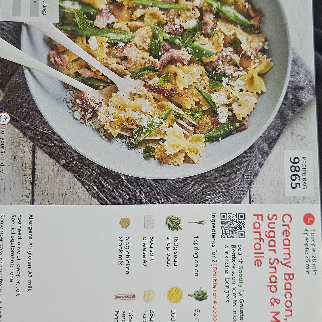 Creamy bacon, sugar snap & mint farfalle