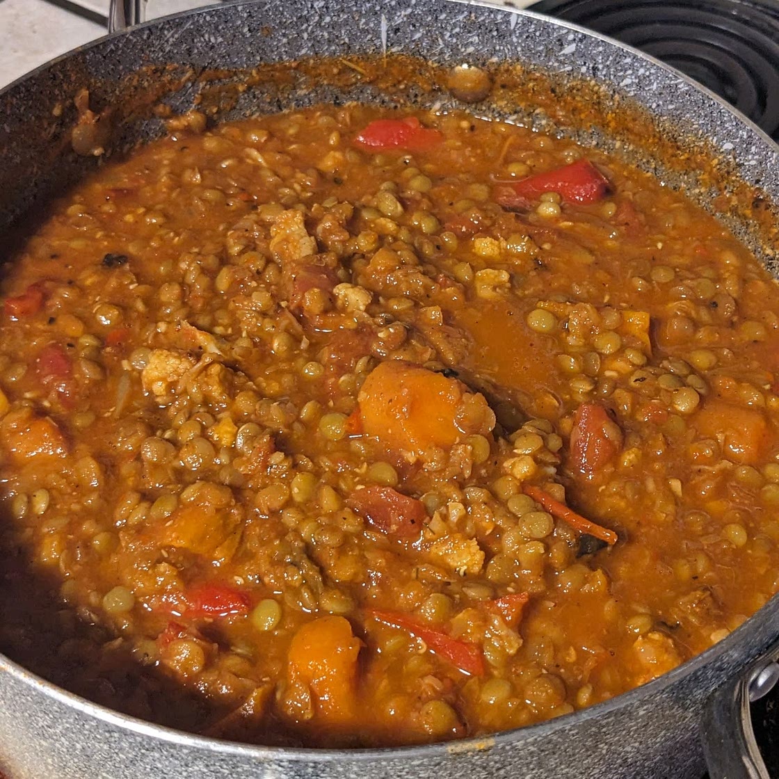 Roasted Garlic Vegetable Stew with Red Lentils and Tomatoes
